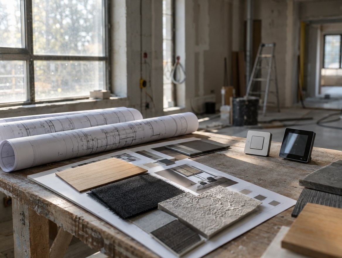 Baupläne und Materialmuster für den neuen Showroom